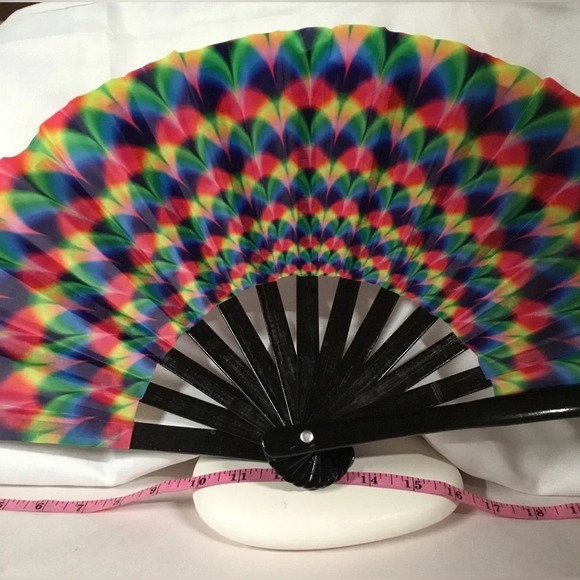FairySandy Large Rave Fan. 25 “ Yellow, blue, green, fushia pattern. New - Picture 1 of 3